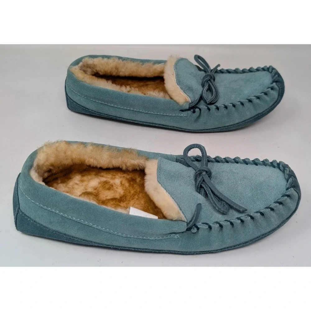 LL Bean Wicked Good Slippers Mocs‎ Moccasin Kid's Size 6 Teal Blue Shearling VTG